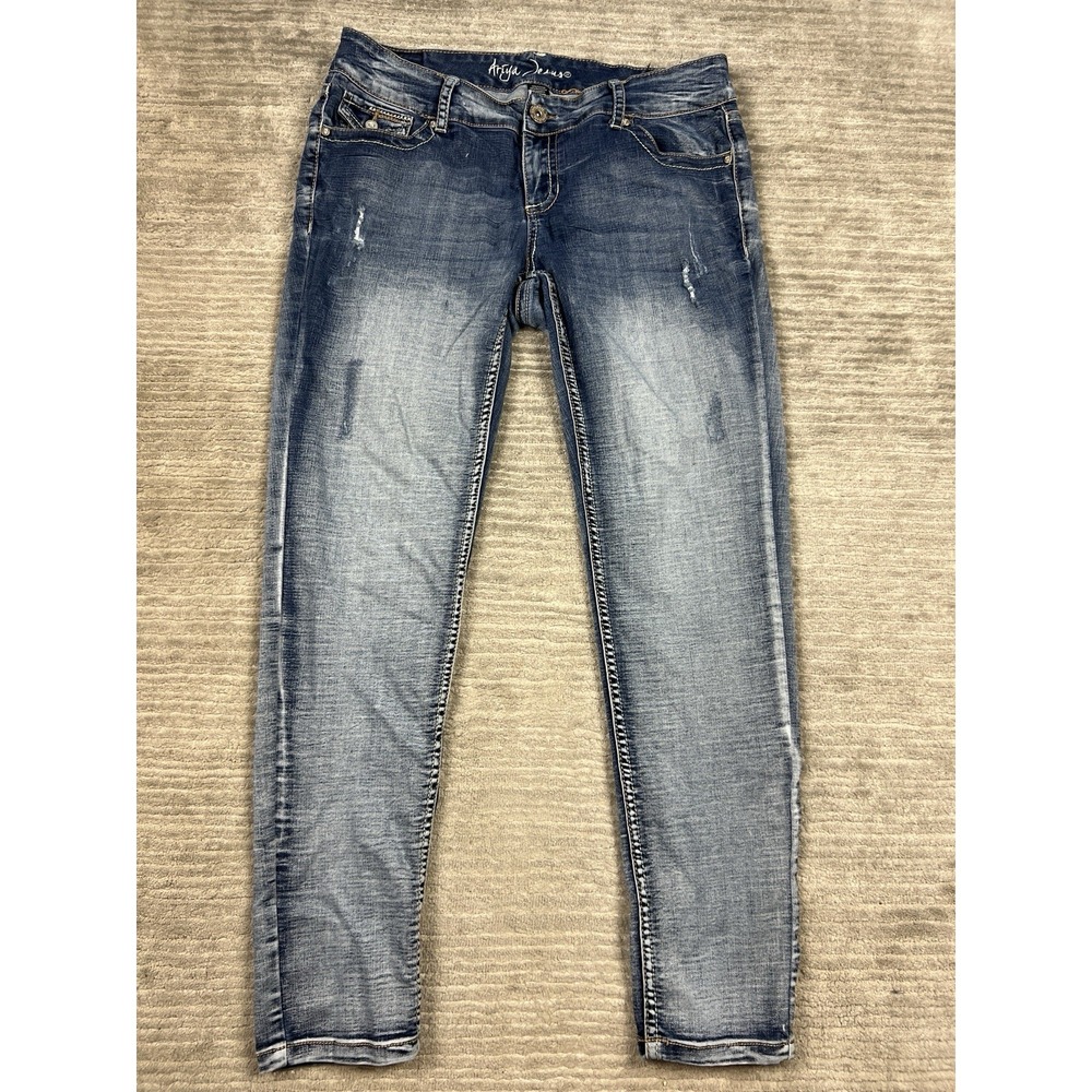 Ariya Jeans‎ Womens 14 Blue Denim Back Flap Skinny Distressed Cotton Blend